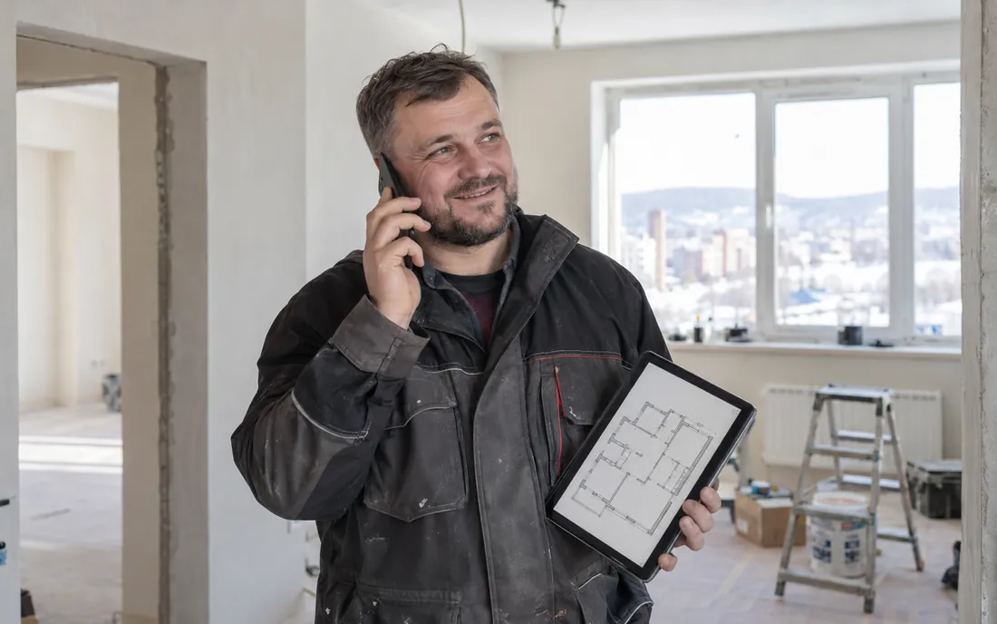 Прораб «Инсайт» отвечает на звонок с планом квартиры в руках