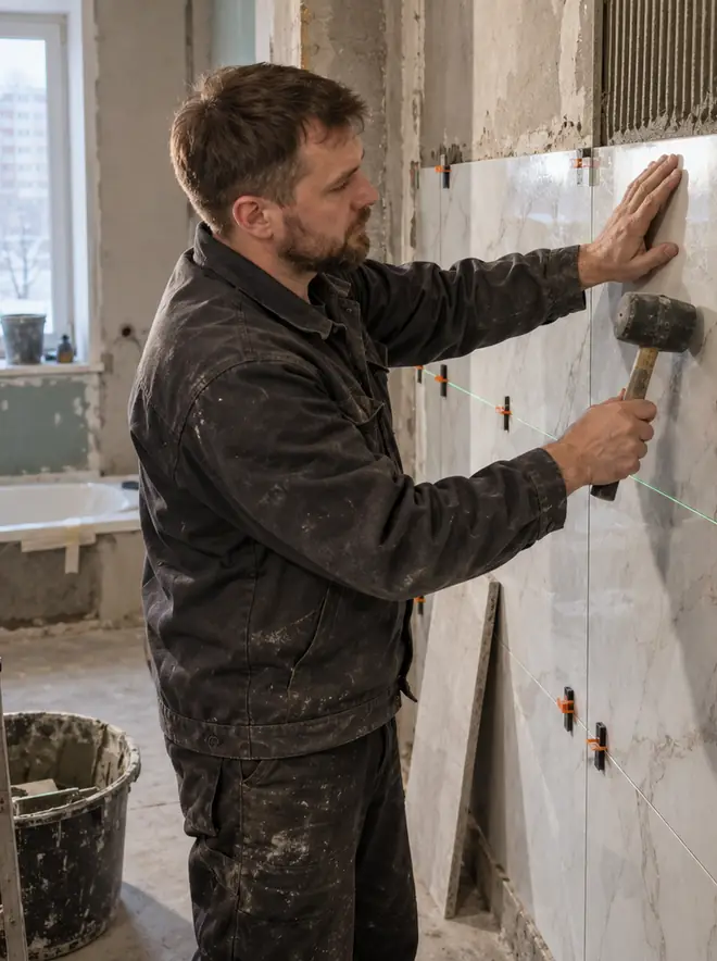 Плиточник укладывает керамогранит